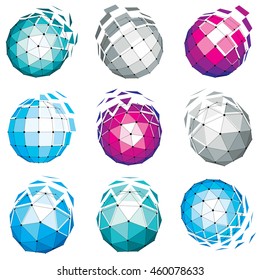 Set of abstract 3d faceted figures with connected lines. Vector low poly design elements collection, scientific concept. Cybernetic orb shapes with grid and lines mesh, network structure.