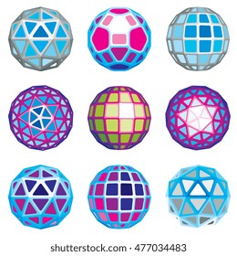 Set of abstract 3d faceted figures. Vector low poly design elements collection, scientific concept. Cybernetic orb shapes, abstract structures.