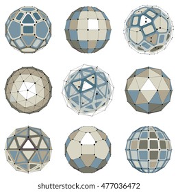 Set of abstract 3d faceted figures with connected lines. Vector low poly design elements collection, scientific concept. Cybernetic orb shapes with grid and lines mesh, network structure.
