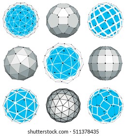 Set of abstract 3d faceted figures with connected lines. Vector low poly design elements collection, scientific concept. Cybernetic orb shapes with grid and lines mesh, network structure.