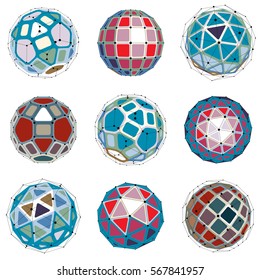 Set of abstract 3d faceted figures with connected lines. Vector low poly design elements collection, scientific concept. Cybernetic orb shapes with grid and lines mesh, network structure.