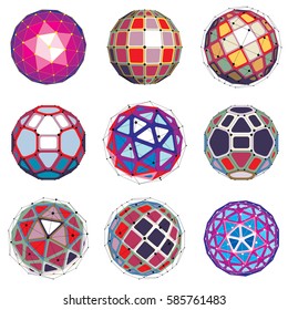 Set of abstract 3d faceted figures with connected lines. Vector low poly design elements collection, scientific concept. Cybernetic orb shapes with grid and lines mesh, network structure.