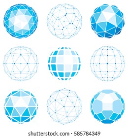 Set of abstract 3d faceted figures with connected lines. Vector low poly design elements collection, scientific concept. Cybernetic orb shapes with grid and lines mesh, network structure.