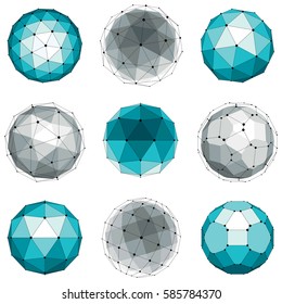 Set Of Abstract 3d Faceted Figures With Connected Lines. Vector Low Poly Design Elements Collection, Scientific Concept. Cybernetic Orb Shapes With Grid And Lines Mesh, Network Structure.