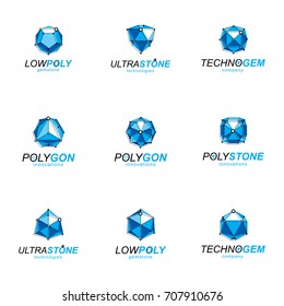 Set of abstract 3d faceted figures with connected lines. Vector low poly design elements collection. Set of brilliant jewelry signs for use in advertisement design concept.