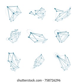 Set of abstract 3d faceted figures with connected lines. Vector low poly design elements collection, scientific concept. Cybernetic technology shapes with grid and lines mesh.
