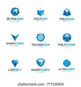 Set of abstract 3d faceted figures with connected lines. Vector low poly design elements collection. Set of brilliant jewelry signs for use in advertisement design concept.