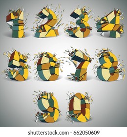 Set of abstract 3d faceted golden numbers with connected black lines and dots. Vector low poly shattered design elements with fragments and particles. Explosion effect, numeration with thread.