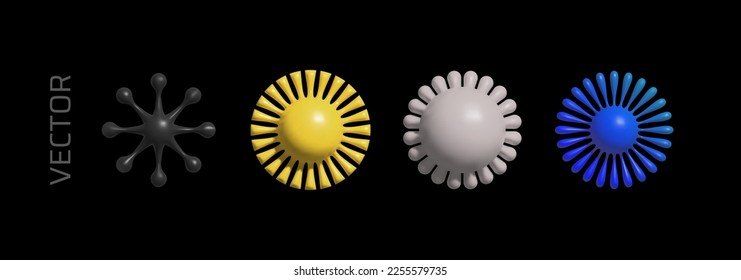 Set of abstract 3d figures of the sun. Volumetric forms of stars, flowers and snowflakes in the style of brutalism