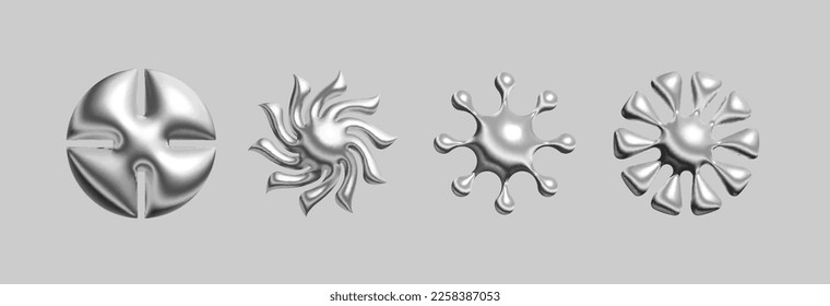 Set of abstract 3d figures of the sun. Volumetric forms of stars, flowers and snowflakes in the style of brutalism