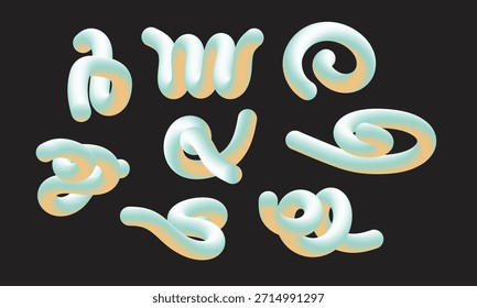 Set of abstract 3d fluid tube shapes with cyan and yellow gradient isolated on dark background