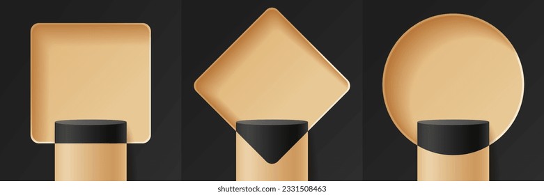 Conjunto de fondo abstracto 3D geométrico negro y dorado, Podium para el producto de visualización, con una pared de cuadrado redondeado, cuadrado redondeado de esquina y ventanas de círculo como fondo, Ilustración vectorial