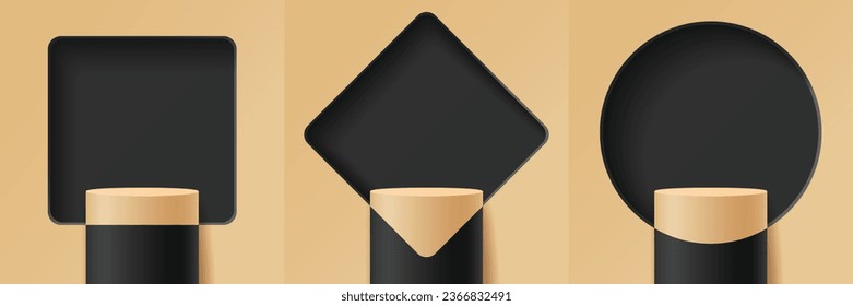 Set of abstract 3D geometric gold and black background, Podium for display product, with a wall of rounded square, rotated rounded corner square, and circle windows as a backdrop, Vector illustration