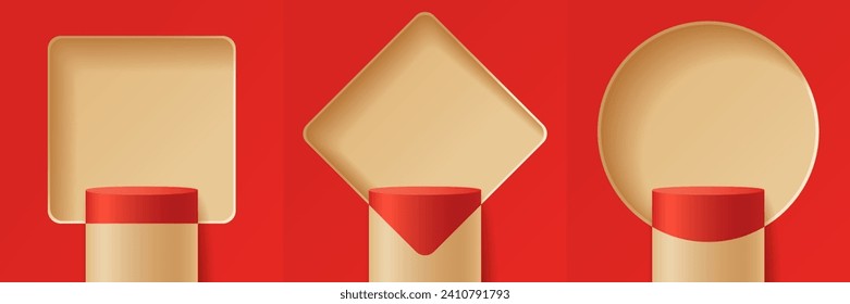 Set of abstract 3D geometric red and gold background, Podium for display product, with a wall of rounded square, rotated rounded corner square, and circle windows as a backdrop, Vector illustration