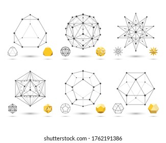 Set of abstract 3D geometric shapes from triangular faces for graphic design. Frame volumetric gold form with edges and vertices. Geometry scientific concept isolated on white Vector illustration.