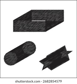 Set von abstrakten 3D geometrischen Formen (offener Quader, Zylinder, Sternprisma) mit einer skizzierten und schattierten violetten Textur. Ideal für Technologie