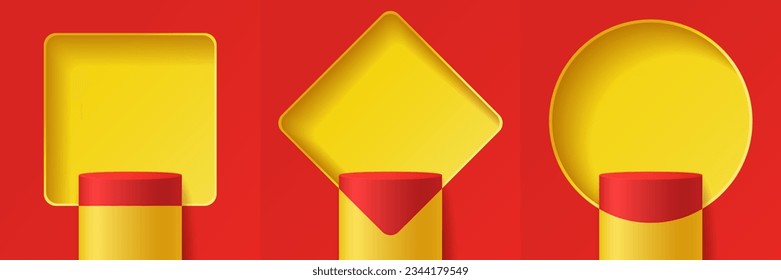 Conjunto de fondo 3D geométrico abstracto amarillo y rojo, podio del cilindro para el producto de visualización, con una pared de cuadrado redondeado, cuadrado de esquina redondeado girado y círculo como fondo, ilustración del vector