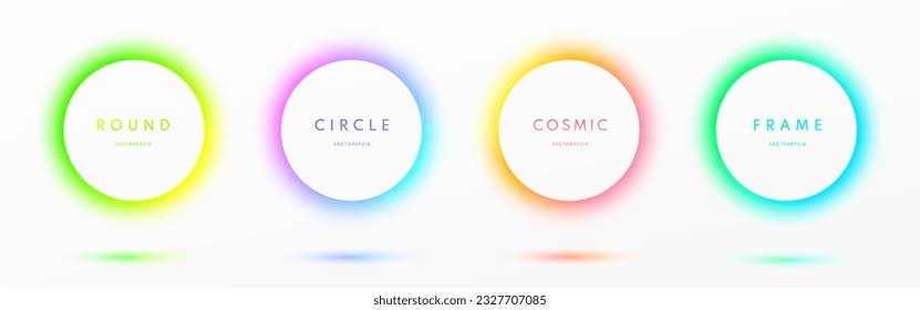 Set of abstract 3D glowing neon lighting circles frames border isolated on white background. Blue, red-purple, green illuminate light round frames collection. Top view technology futuristic elements.