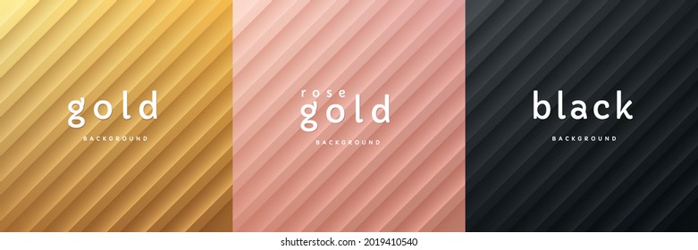 Set of abstract 3d gold, pink gold and black with diagonal stripes texture background for product display presentation. Collection of luxury geometric pattern background with copy space. Vector EPS10