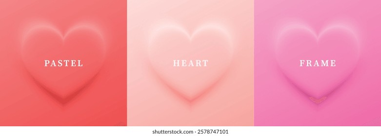 A set of abstract 3D heart designs in different colors featuring geometric heart shape frames, perfect for cosmetic product display backdrops, shown in top view as a vector illustration.