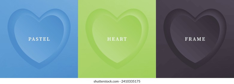 Set of abstract 3D heart, different color 3D heart shape frame design. Collection of geometric backdrop for cosmetic product display. Top view. Vector illustration