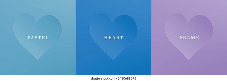 Set of abstract 3D heart, different color 3D heart shape frame design. Collection of geometric backdrop for cosmetic product display. Top view. Vector illustration