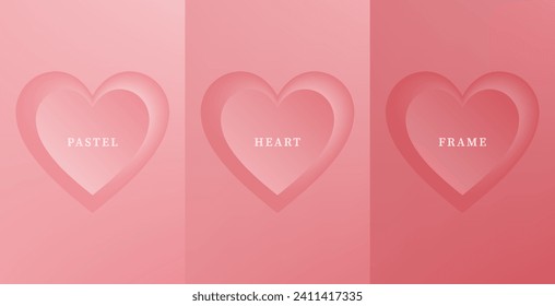 Set of abstract 3D heart, different color 3D heart shape frame design. Collection of geometric backdrop for cosmetic product display. Top view. Vector illustration