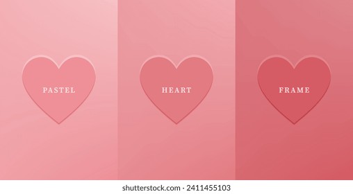 Set of abstract 3D heart, different color 3D heart shape frame design. Collection of geometric backdrop for cosmetic product display. Top view. Vector illustration