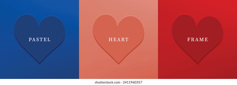 Set of abstract 3D heart, different color 3D heart shape frame design. Collection of geometric backdrop for cosmetic product display. Top view. Vector illustration