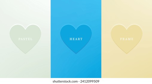 Set of abstract 3D heart, different color 3D heart shape frame design. Collection of geometric backdrop for cosmetic product display. Top view. Vector illustration