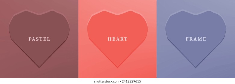 Set of abstract 3D heart, different color 3D heart shape frame design. Collection of geometric backdrop for cosmetic product display. Top view. Vector illustration