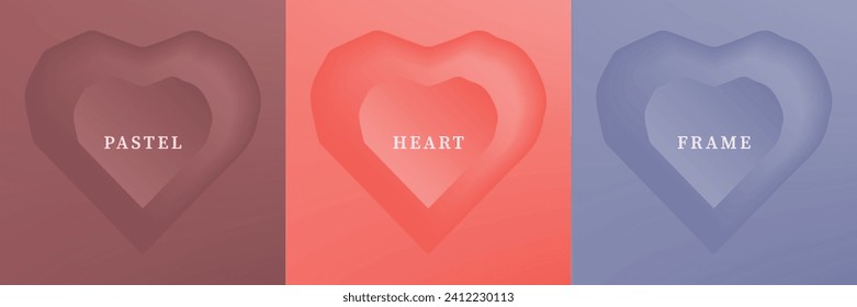 Set of abstract 3D heart, different color 3D heart shape frame design. Collection of geometric backdrop for cosmetic product display. Top view. Vector illustration