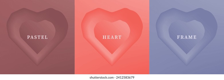 Set of abstract 3D heart, different color 3D heart shape frame design. Collection of geometric backdrop for cosmetic product display. Top view. Vector illustration