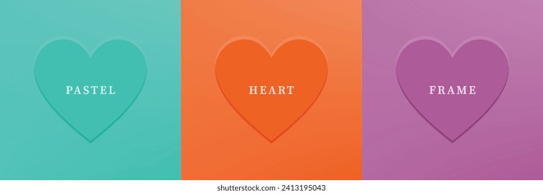 Set of abstract 3D heart, different color 3D heart shape frame design. Collection of geometric backdrop for cosmetic product display. Top view. Vector illustration
