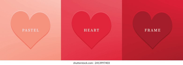 Set of abstract 3D heart, different color 3D heart shape frame design. Collection of geometric backdrop for cosmetic product display. Top view. Vector illustration