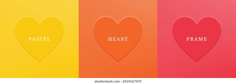 Set of abstract 3D heart, different color 3D heart shape frame design. Collection of geometric backdrop for cosmetic product display. Top view. Vector illustration