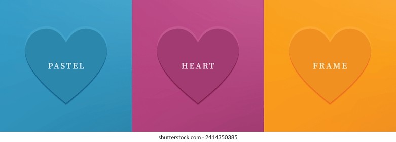 Set of abstract 3D heart, different color 3D heart shape frame design. Collection of geometric backdrop for cosmetic product display. Top view. Vector illustration