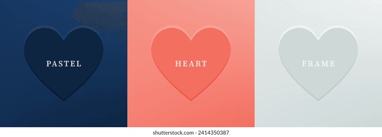 Set of abstract 3D heart, different color 3D heart shape frame design. Collection of geometric backdrop for cosmetic product display. Top view. Vector illustration