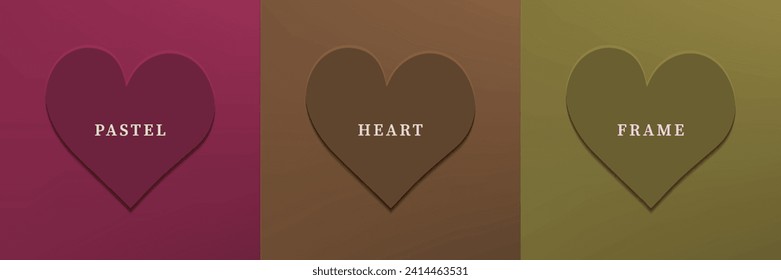 Set of abstract 3D heart, different color 3D heart shape frame design. Collection of geometric backdrop for cosmetic product display. Top view. Vector illustration