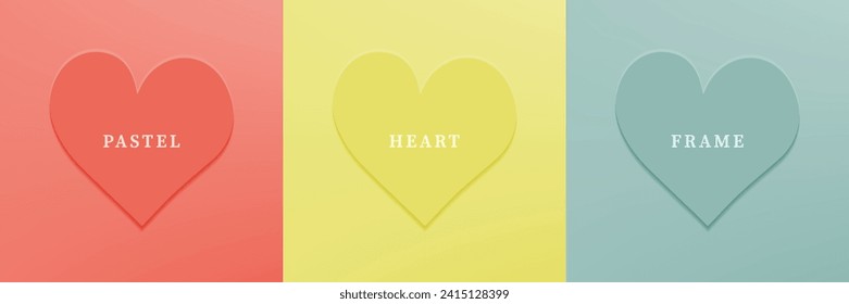 Set of abstract 3D heart, different color 3D heart shape frame design. Collection of geometric backdrop for cosmetic product display. Top view. Vector illustration