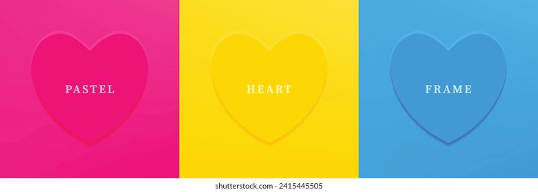 Set of abstract 3D heart, different color 3D heart shape frame design. Collection of geometric backdrop for cosmetic product display. Top view. Vector illustration