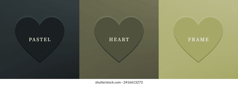 Set of abstract 3D heart, different color 3D heart shape frame design. Collection of geometric backdrop for cosmetic product display. Top view. Vector illustration