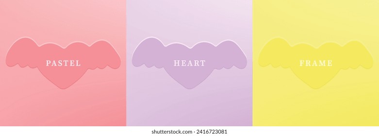 Set of abstract 3D heart, different color 3D heart shape frame design. Collection of geometric backdrop for cosmetic product display. Top view. Vector illustration