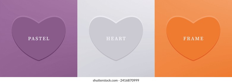 Set of abstract 3D heart, different color 3D heart shape frame design. Collection of geometric backdrop for cosmetic product display. Top view. Vector illustration