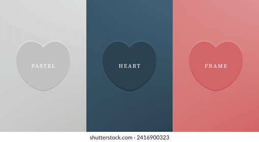 Set of abstract 3D heart, different color 3D heart shape frame design. Collection of geometric backdrop for cosmetic product display. Top view. Vector illustration