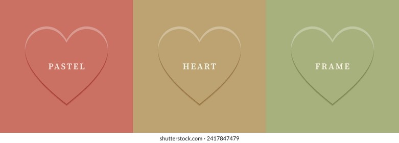 Set of abstract 3D heart, different color 3D heart shape frame design. Collection of geometric backdrop for cosmetic product display. Top view. Vector illustration