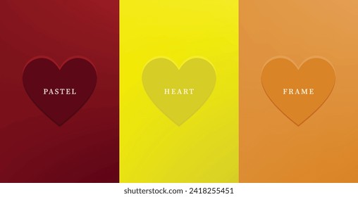 Set of abstract 3D heart, different color 3D heart shape frame design. Collection of geometric backdrop for cosmetic product display. Top view. Vector illustration