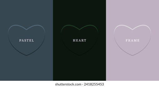 Set of abstract 3D heart, different color 3D heart shape frame design. Collection of geometric backdrop for cosmetic product display. Top view. Vector illustration