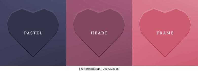Set of abstract 3D heart, different color 3D heart shape frame design. Collection of geometric backdrop for cosmetic product display. Top view. Vector illustration