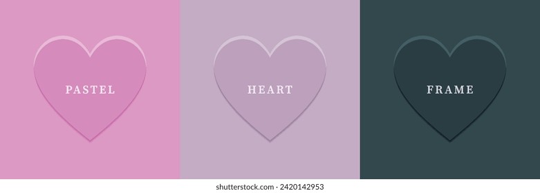 Set of abstract 3D heart, different color 3D heart shape frame design. Collection of geometric backdrop for cosmetic product display. Top view. Vector illustration